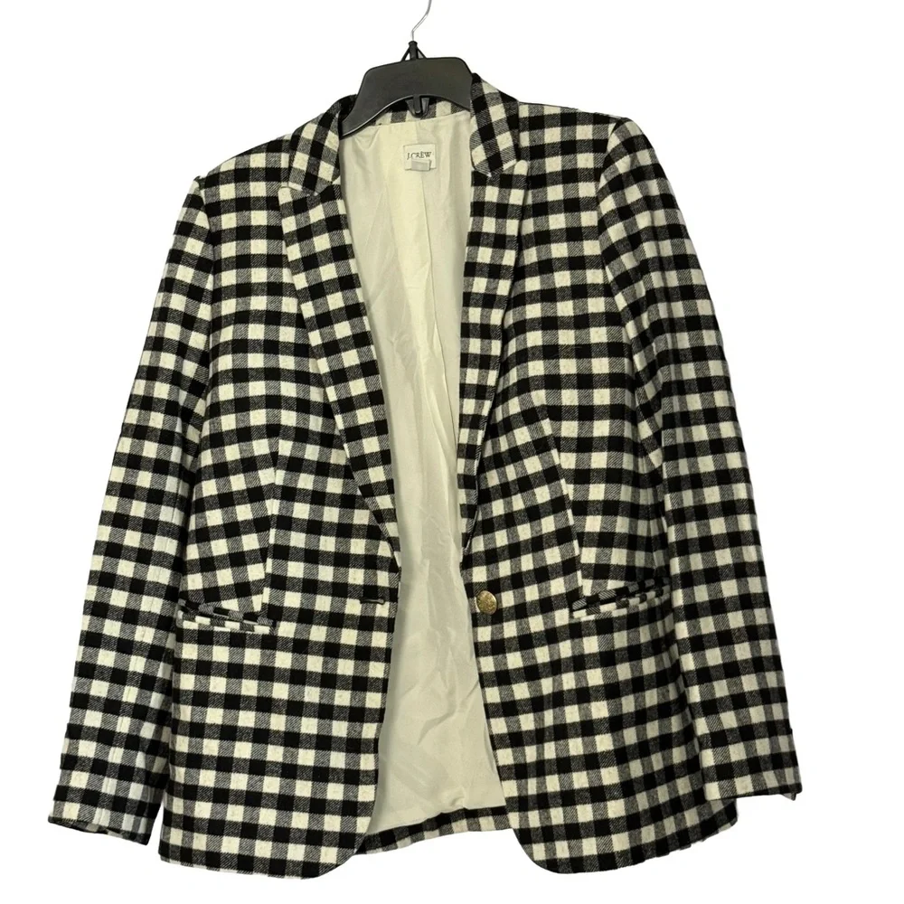 J.‎ Crew Black Ivory Buffalo Check Wool One Button Blazer - 8